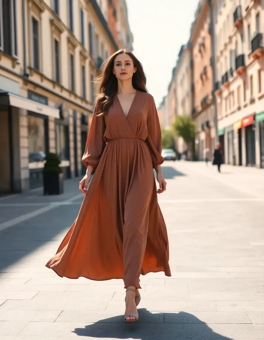 Stilvolle Frau in einem eleganten Langarm-Maxikleid auf einer sonnigen Straße