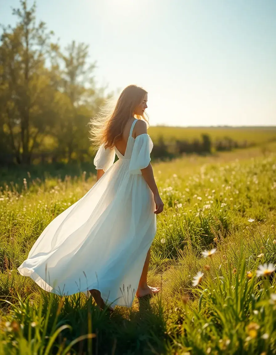 Frau in einem fließenden langen weißen Boho-Kleid auf einer Sommerwiese