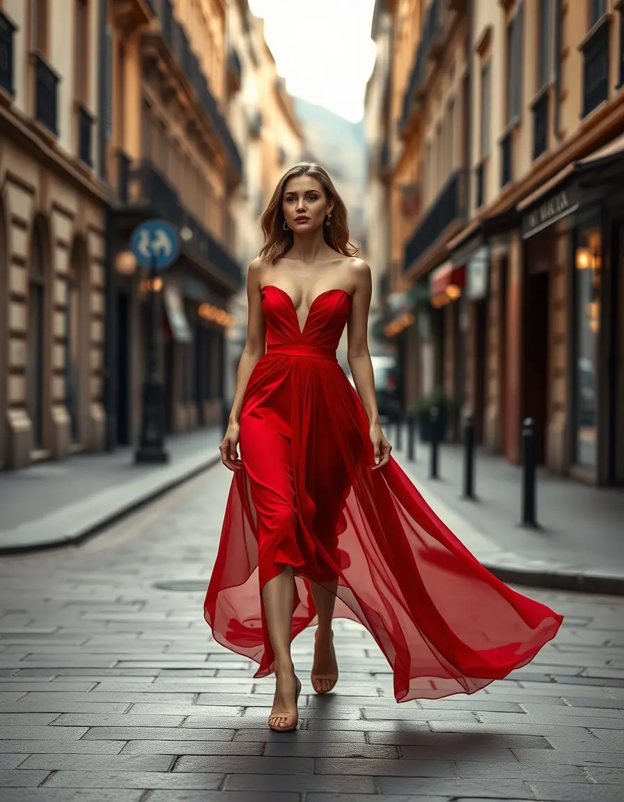 Frau in einem eleganten roten Kleid in einer europäischen Stadt