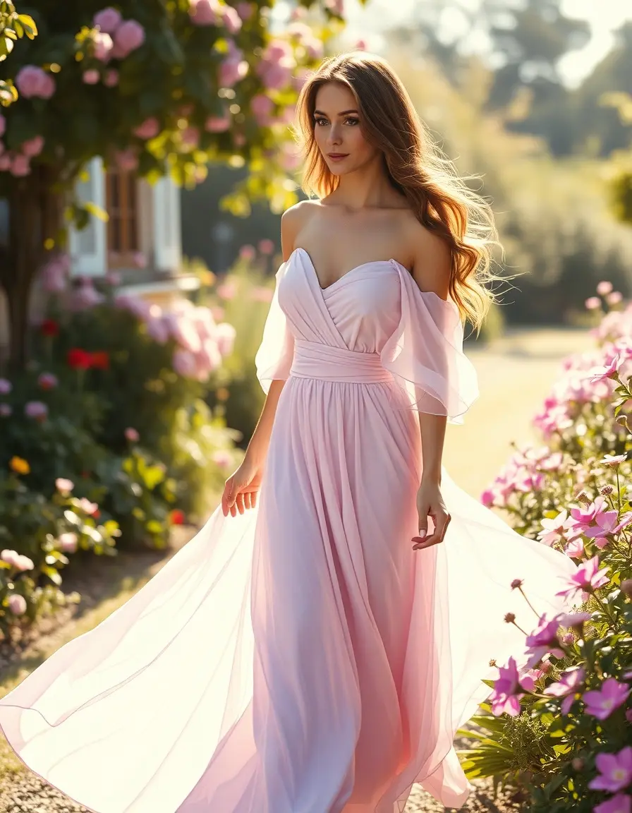Frau in einem fließenden lila Kleid in einem sonnigen Garten