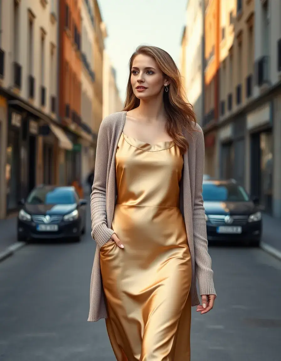 Frau in einem champagnerfarbenen Satin Slip Dress in einer sonnigen Stadtstraße
