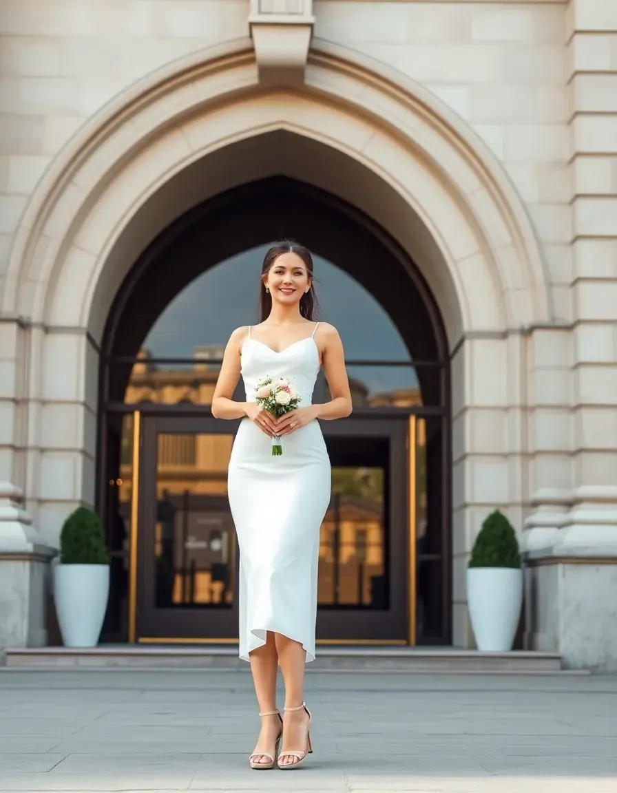 Braut im eleganten weißen Midi-Kleid vor einem Standesamt