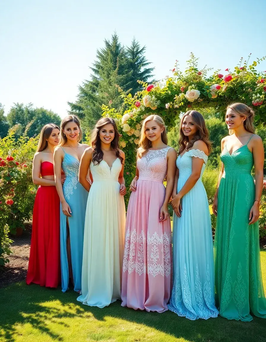Elegante Frauen in wunderschöne Kleider für Hochzeitsgäste bei einer Gartenhochzeit.