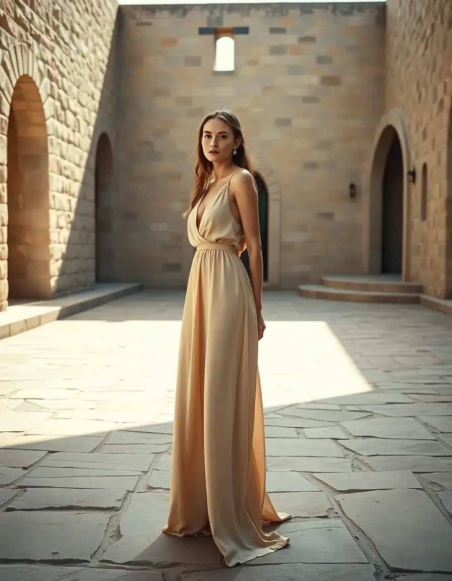 Elegante Frau in einem fließenden beigen Maxikleid in einem sonnigen Innenhof