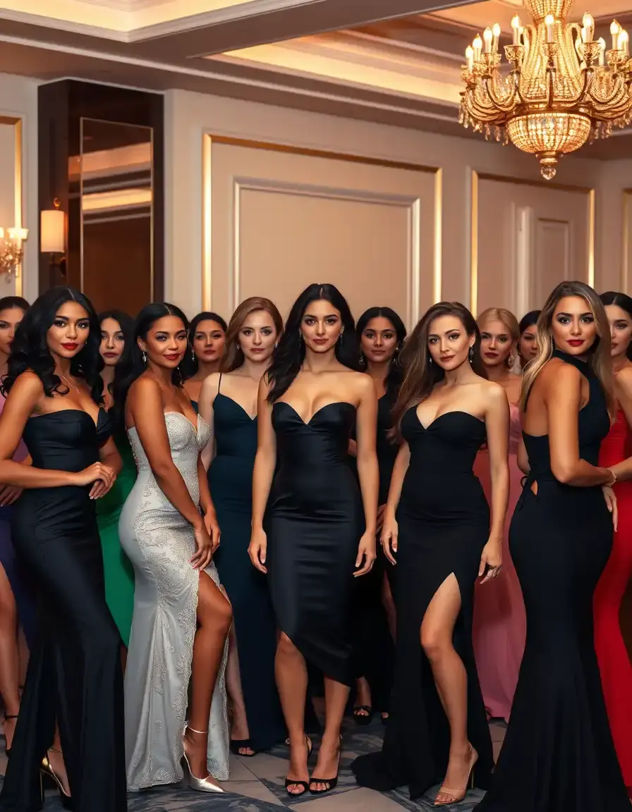 Elegante Frauen in schlankmachenden festlichen Kleidern bei einer Abendveranstaltung