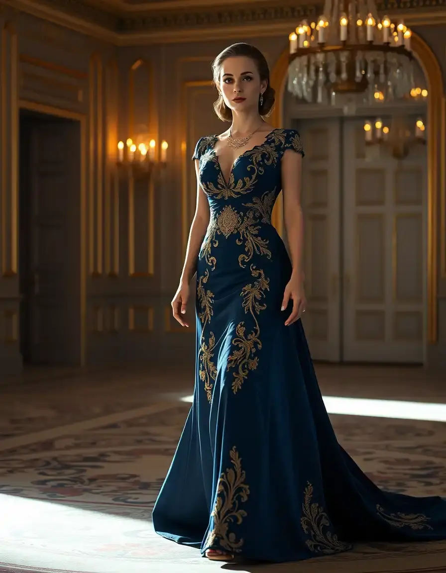 Elegante Frau in einem dunkelblauen Kleid mit goldenen Stickereien in einem Festsaal