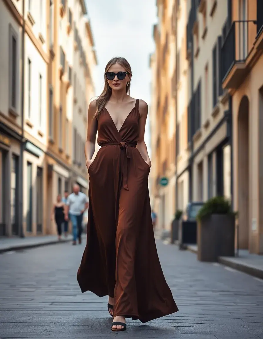 Stilvolle Frau in einem eleganten schokobraunen Maxikleid auf einer sonnigen Straße
