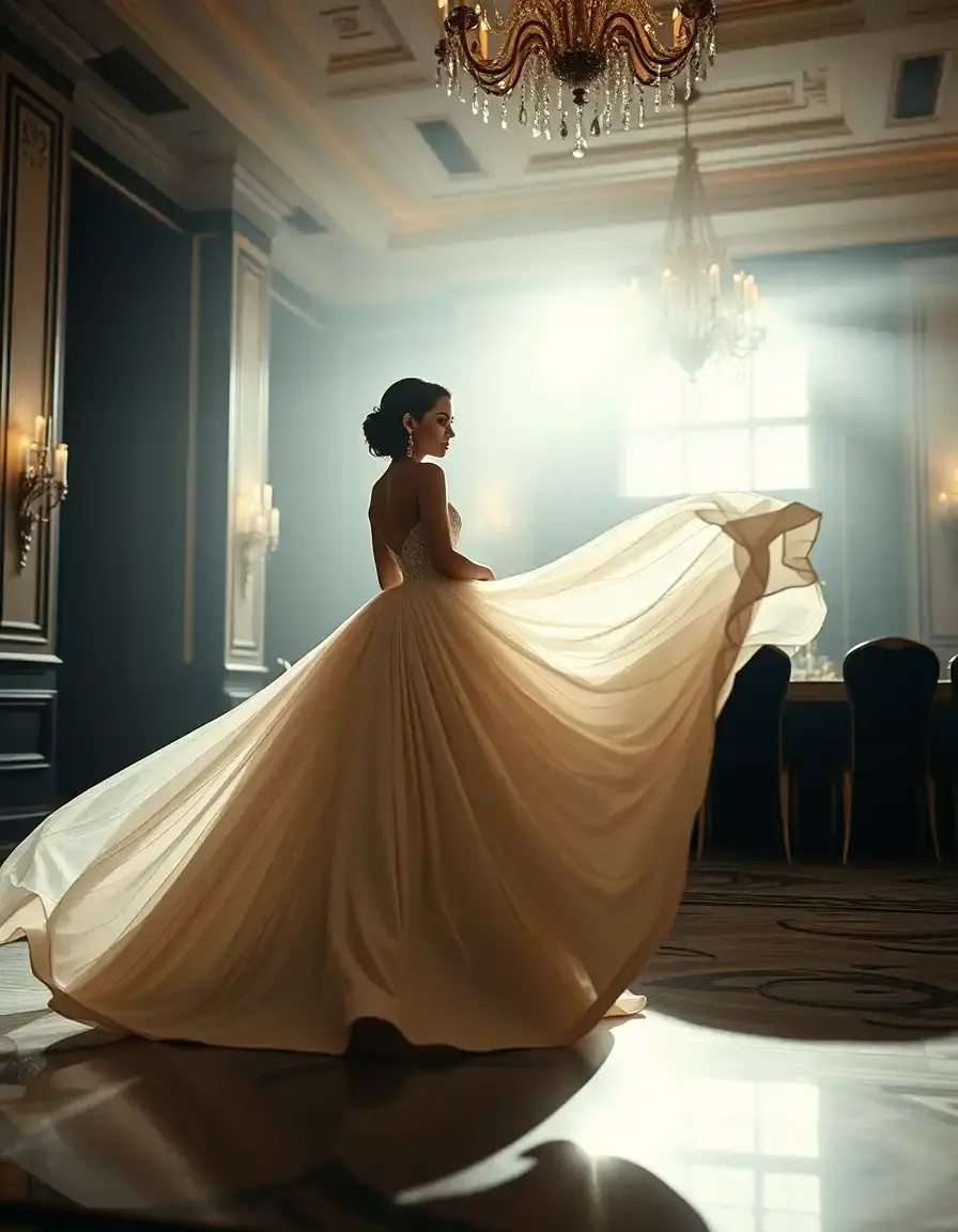 Elegante Frau in einem prachtvollen Ballkleid in einem luxuriösen Festsaal
