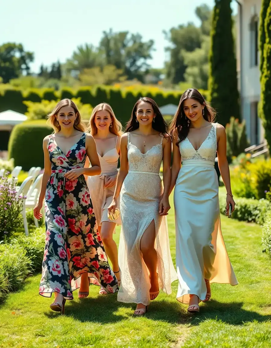 Elegante Damen Kleider für Hochzeitsgäste in einem sommerlichen Garten bei einer Hochzeitsfeier