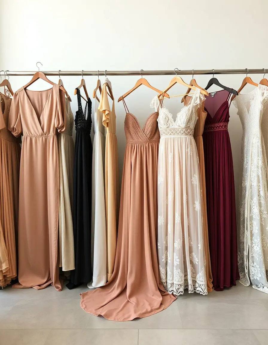 Elegante Auswahl an verschiedenen damen kleider lang in einer hellen Boutique