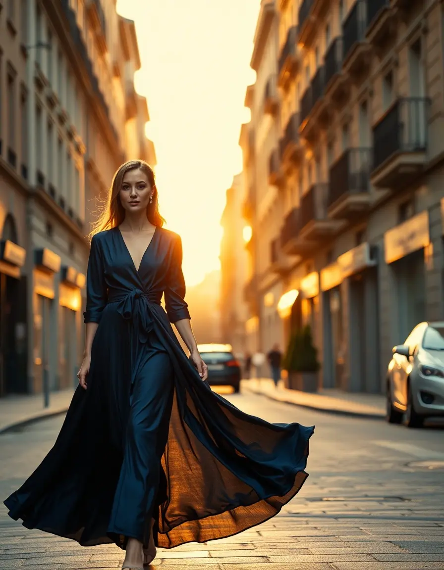 Elegante Frau in einem fließenden dunkelblauen Kleid in einer modernen Stadtumgebung