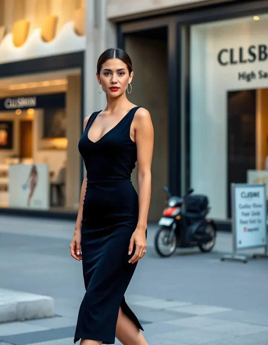 Elegante Frau im schwarzen Etuikleid auf einer modernen Stadtstraße