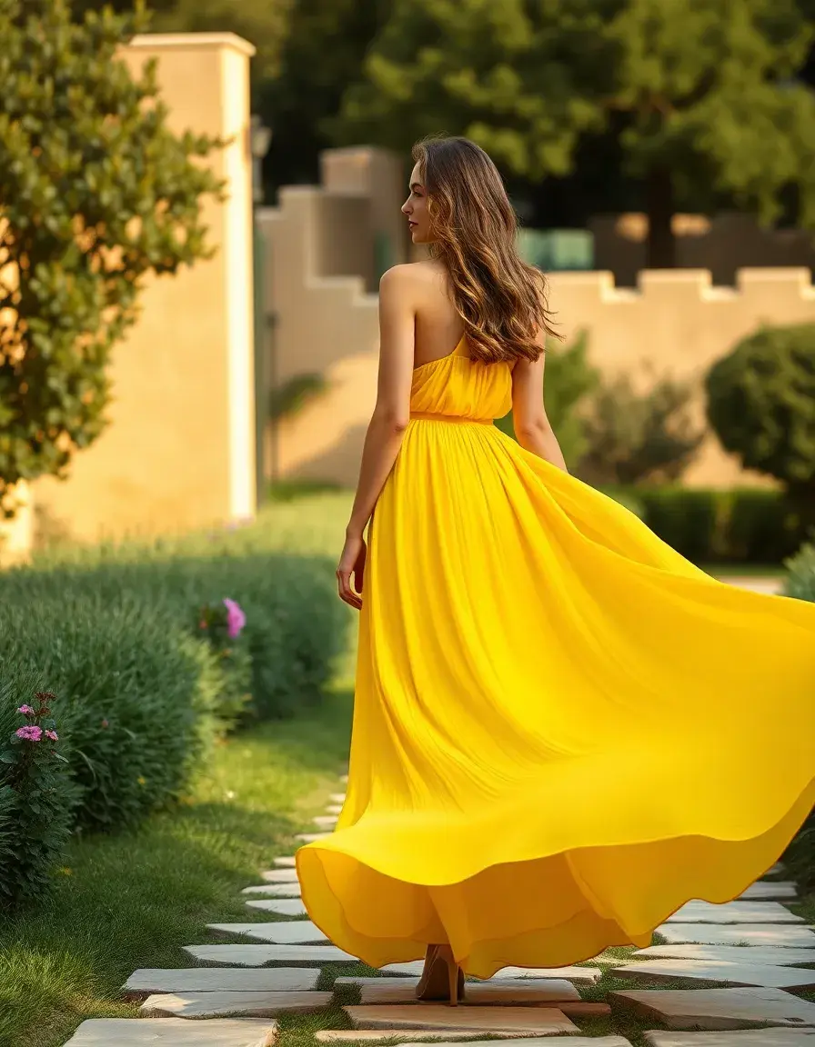 Frau in einem fließenden leuchtend gelben Maxikleid in einem sonnigen Garten