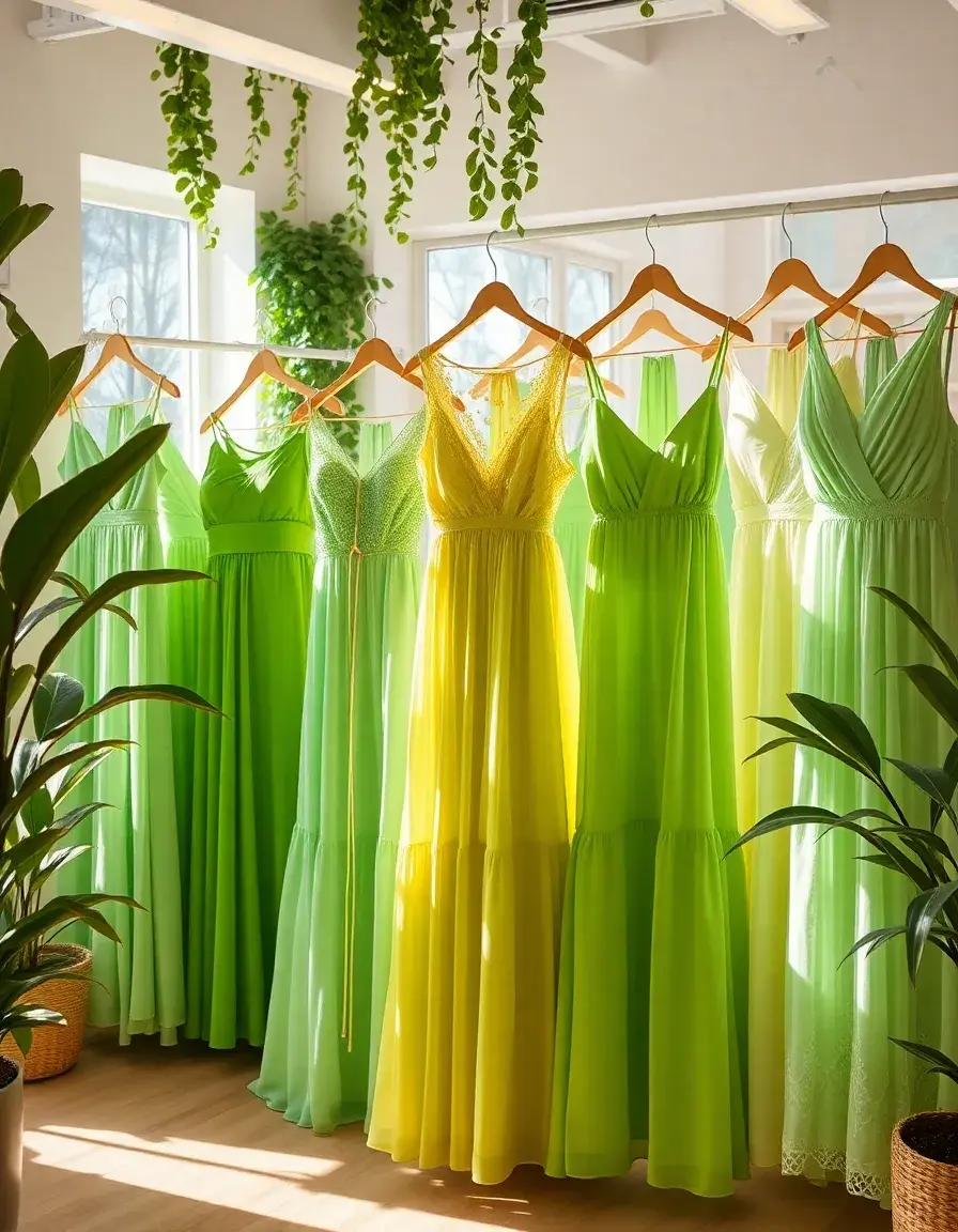 Verschiedene grüne Kleider in einer hellen Boutique für den perfekten Look