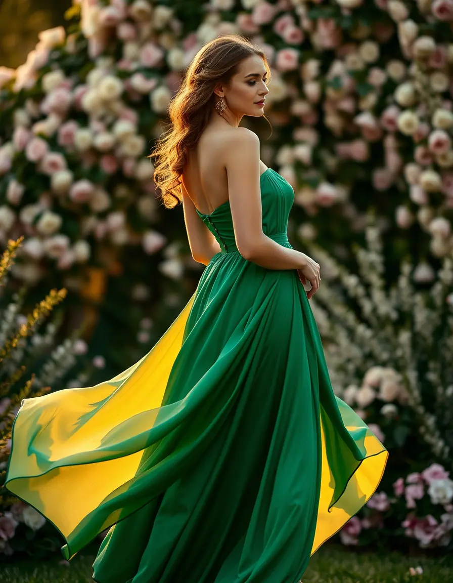 Frau in einem eleganten smaragdgrünen Kleid bei einer Gartenhochzeit