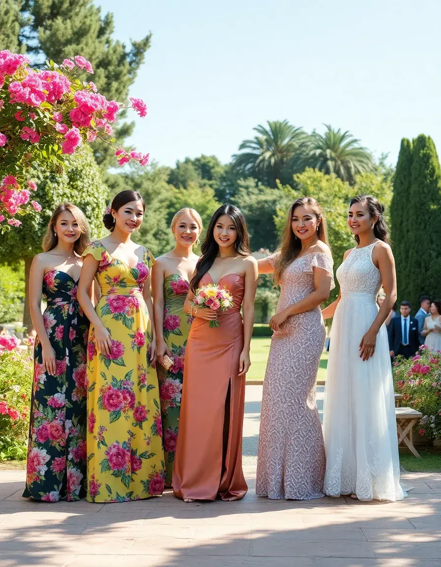 Stilvolle Frauen in eleganten Hochzeitsgast-Kleidern bei einer sommerlichen Gartenhochzeit