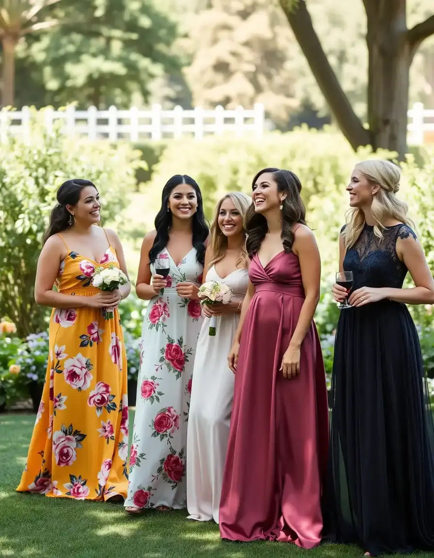 Stilvolle Frauen in eleganten Kleidern für Hochzeitsgäste bei einer Gartenhochzeit