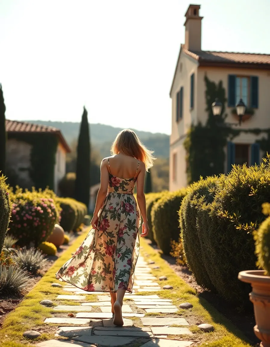 Elegant woman in an Italian floral wedding guest dress in a villa garden
