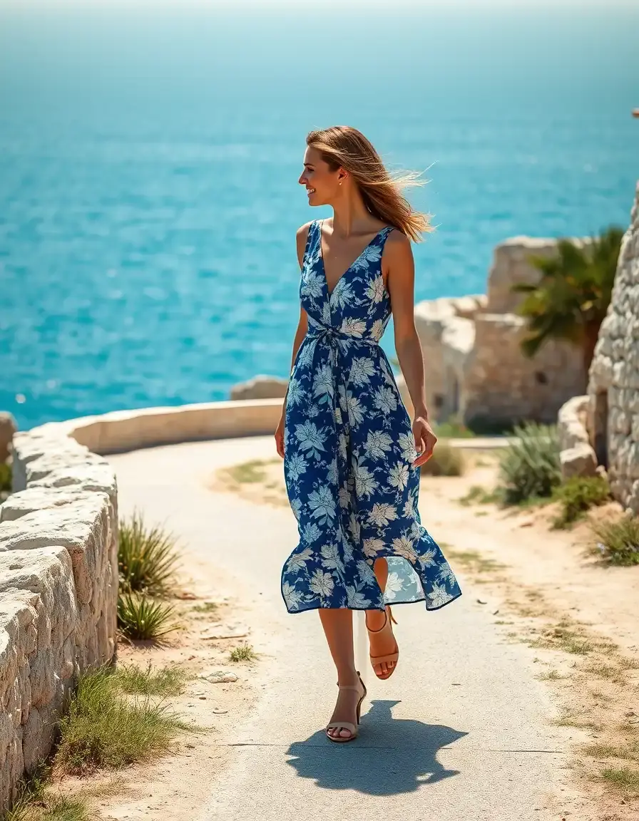 Frau in einem floralen blau-weißen Midikleid an einer sonnigen Küste