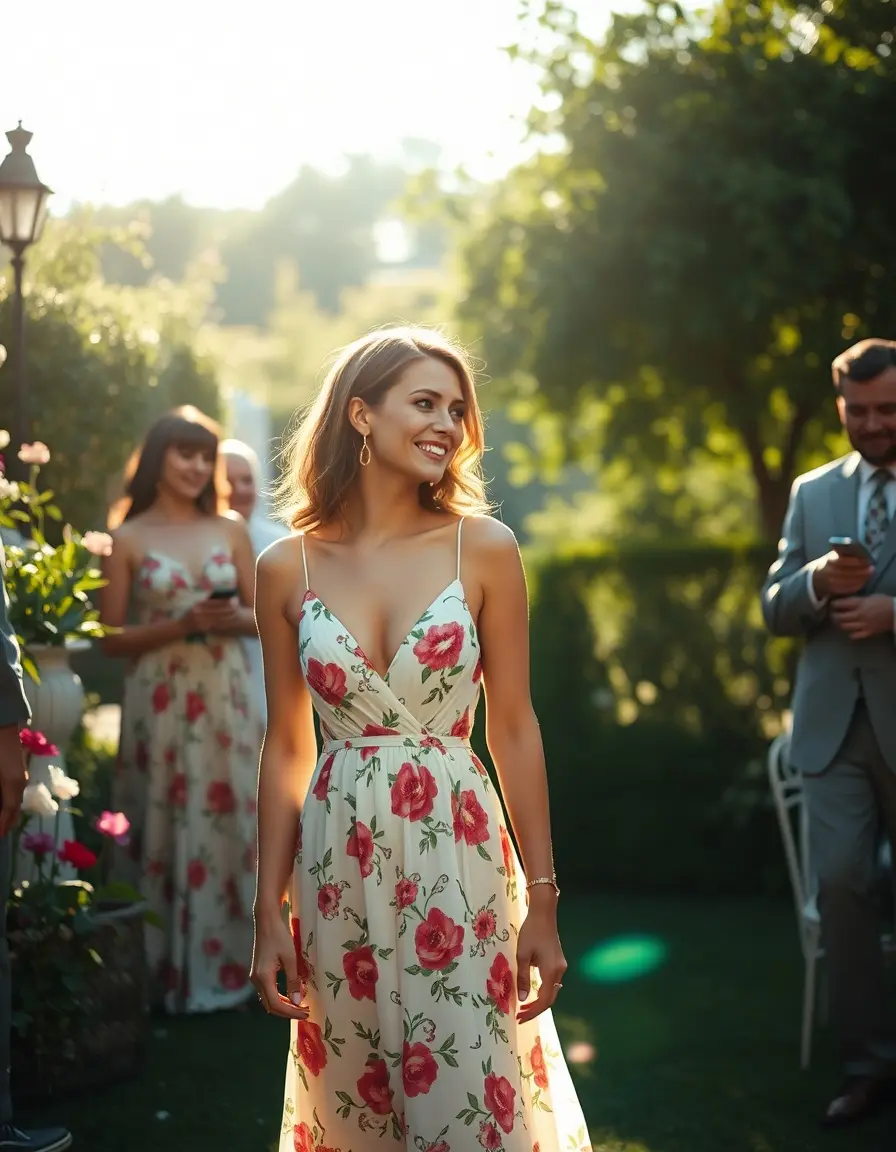 Frau im floralen Maxikleid bei einer Gartenhochzeit im Sommer