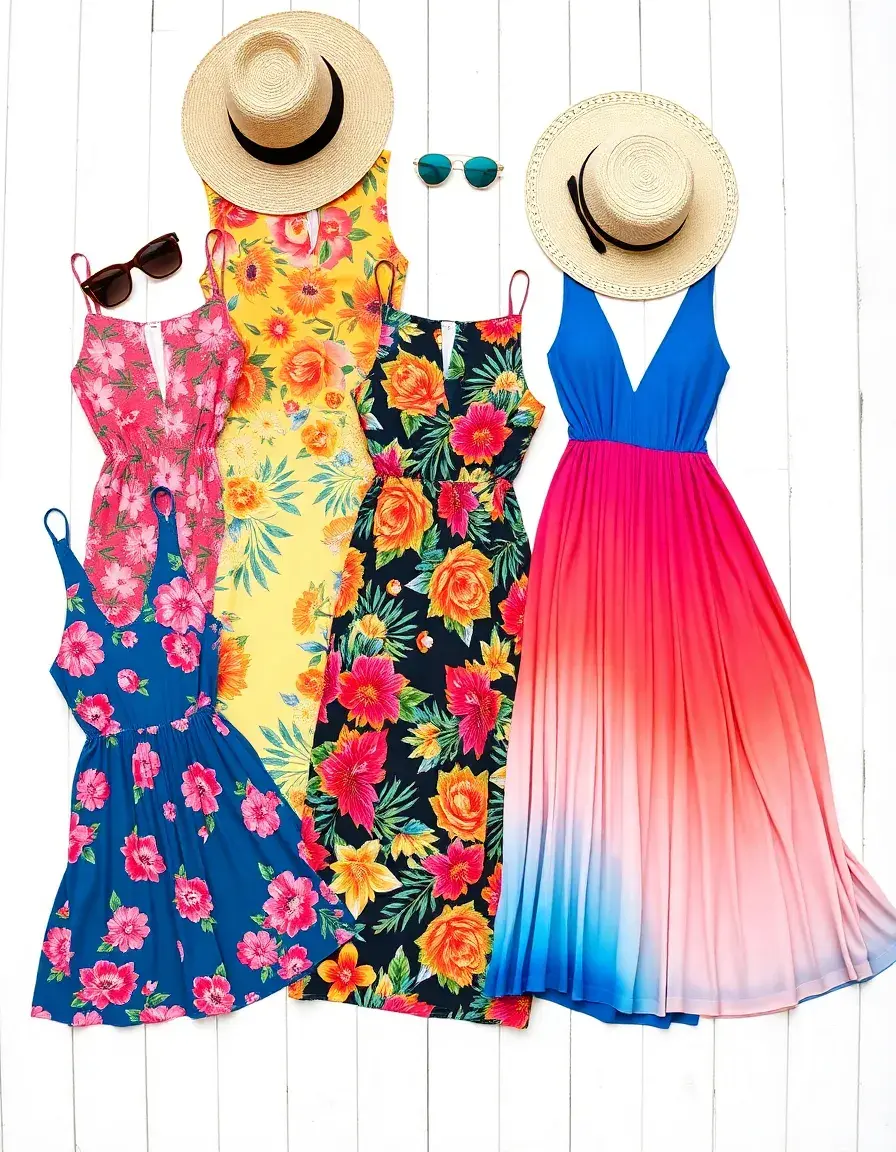 Verschiedene bunte farbige Kleider mit floralen und geometrischen Mustern als Flachbild-Anordnung