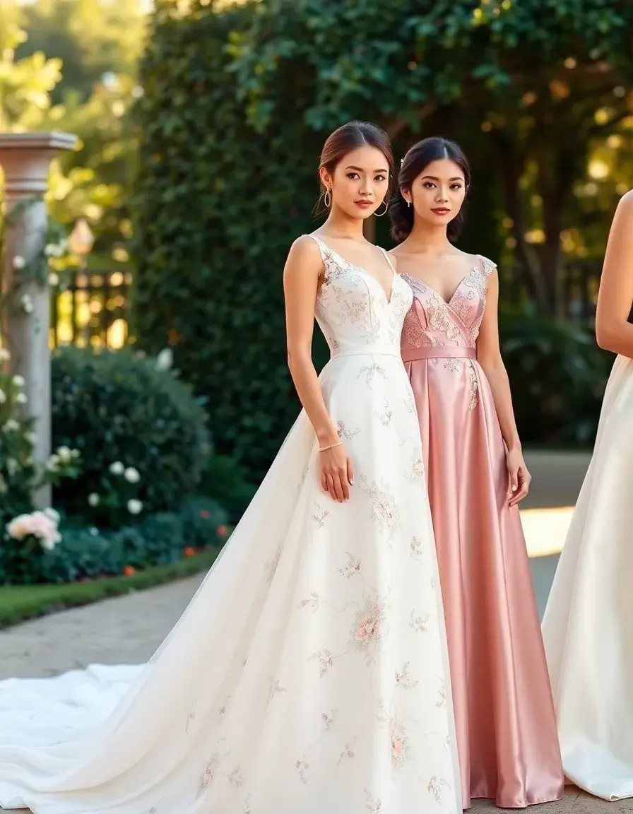 Verschiedene Kleider für die Hochzeit inklusive Brautkleid und Gast-Outfits vor Hochzeitskulisse