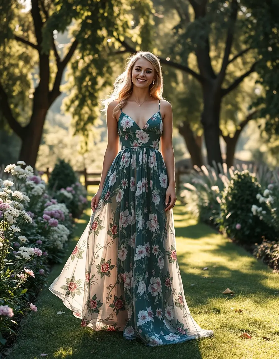 Frau in einem blumigen Maxi-Kleid für eine Hochzeit im Sommer im Garten