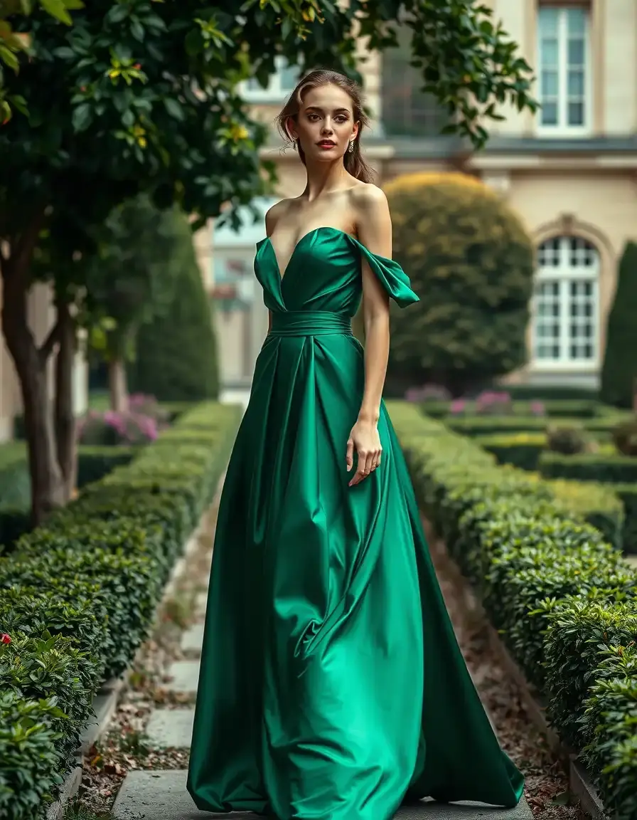 Frau in einem luxuriösen smaragdgrünen Seidenkleid in einem klassischen Garten