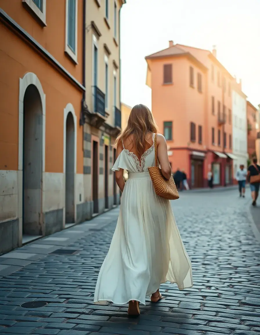 Frau in einem fließenden weißen Boho-Maxikleid in einer sonnigen Stadt