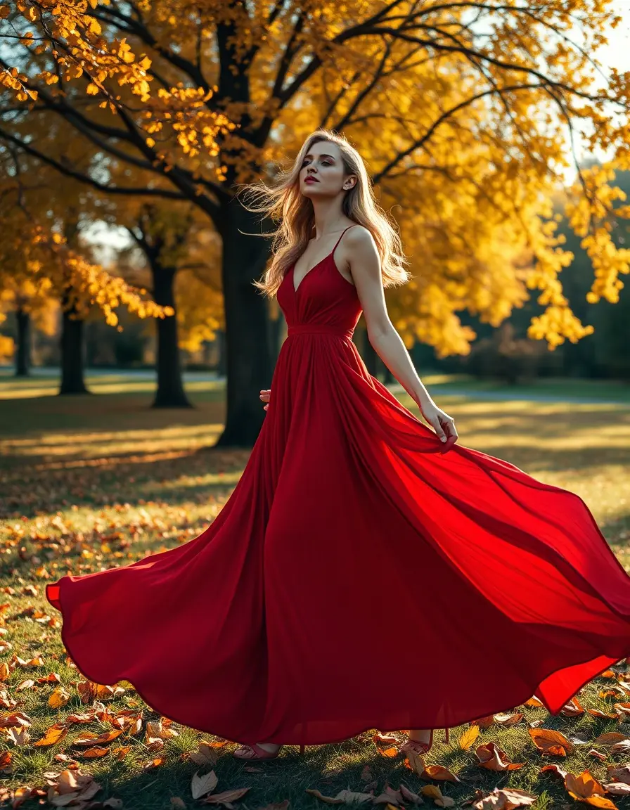 Frau in einem fließenden rostroten Maxikleid in einer herbstlichen Parklandschaft