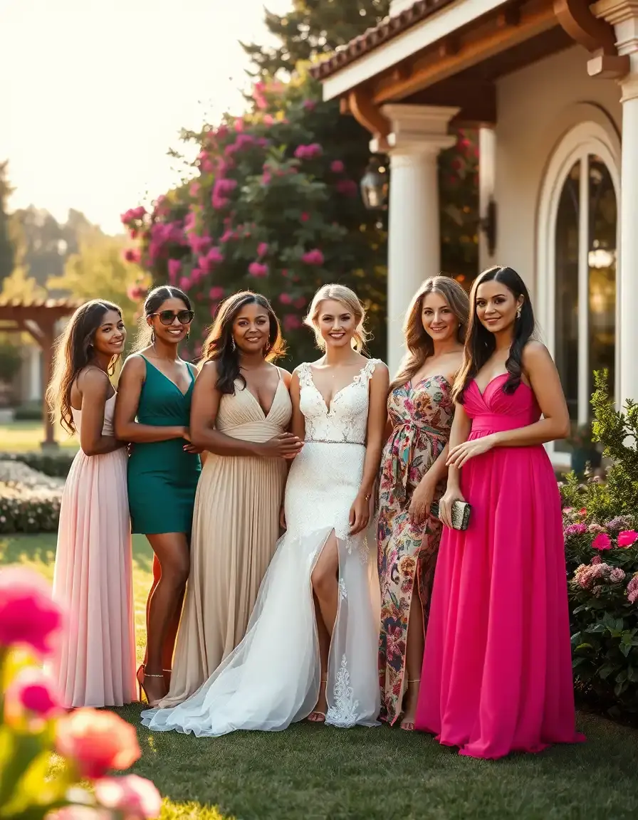 Elegante Frauen in verschiedenen bunten Kleidern für Hochzeit bei einer Gartenparty