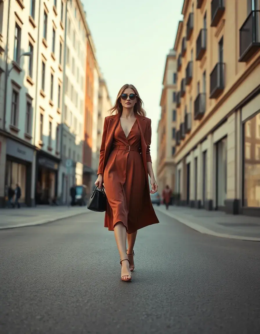 Elegante Frau in einem modischen Kleid auf einer sonnigen Stadtstraße.