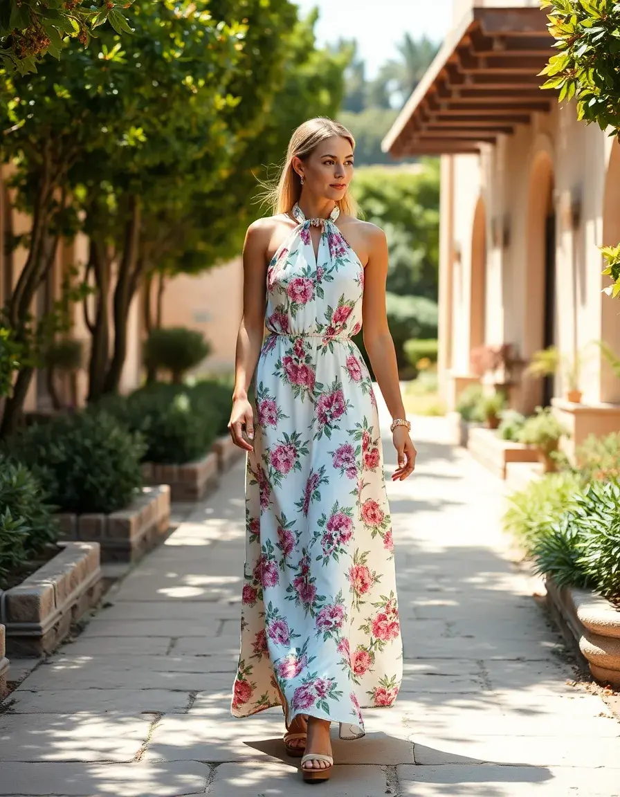 Frau im fließenden floralen Neckholder-Kleid in einem sonnigen Garten