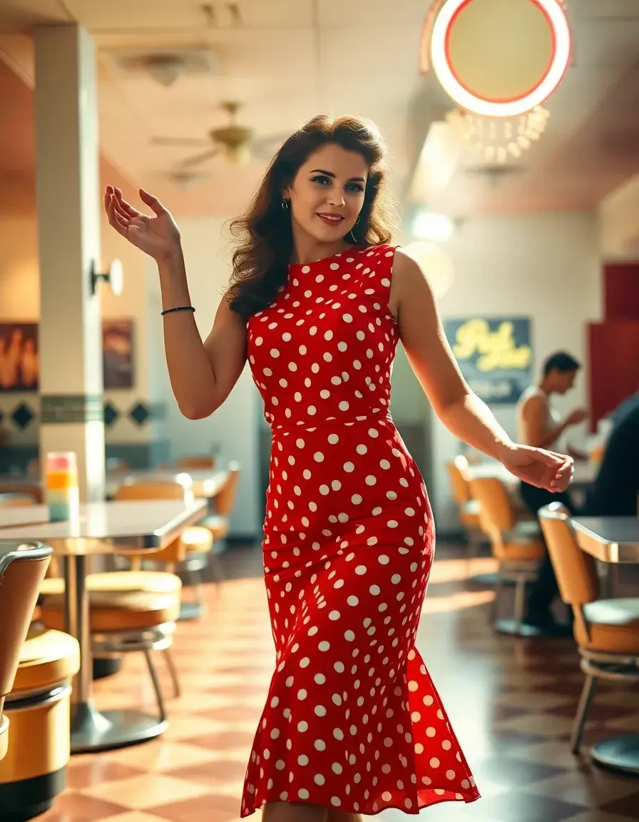 Frau in einem roten Rockabilly Kleid mit Punkten in einem 50er Jahre Diner