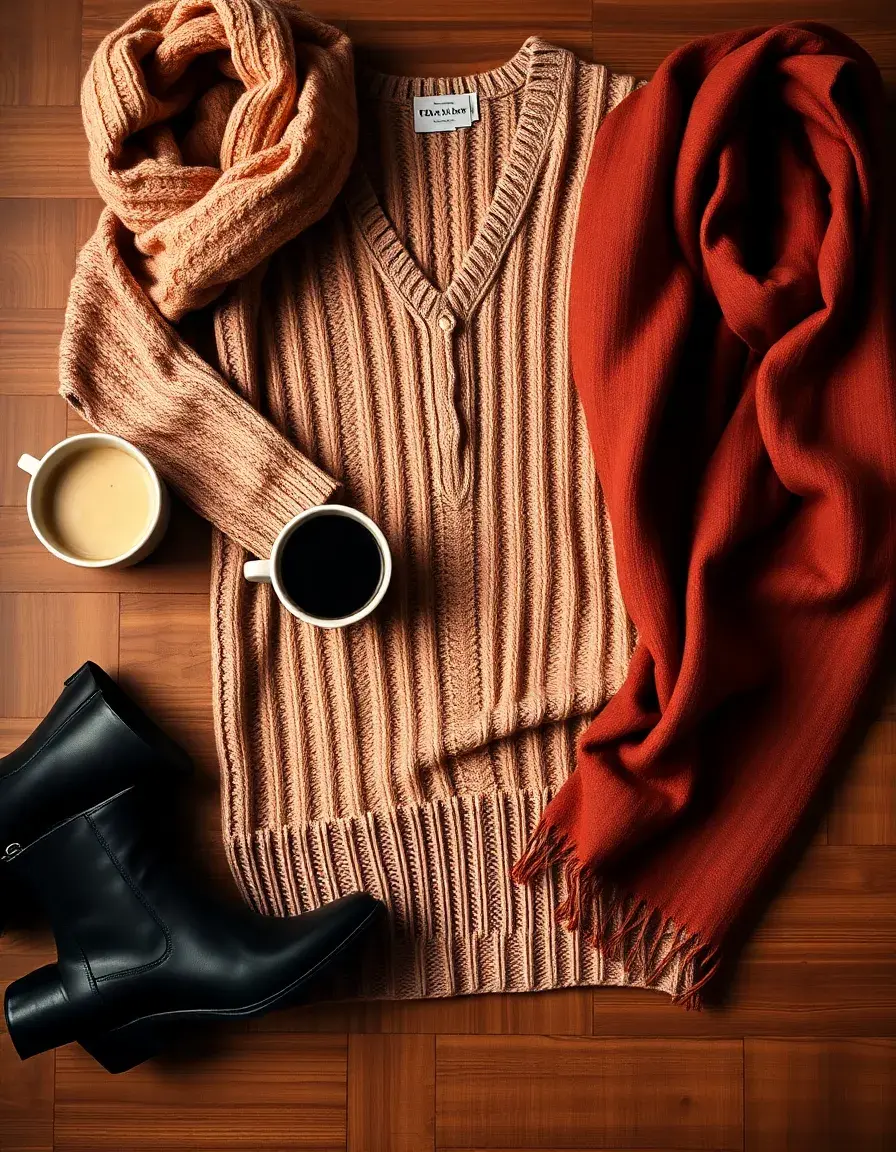 Stylisches Winterkleid aus Strick mit Accessoires auf Holzgrund