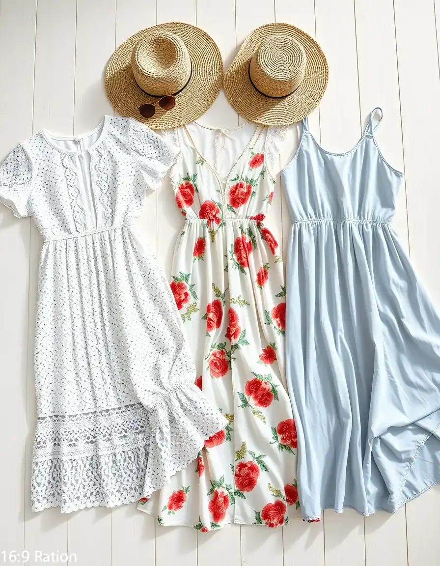 Verschiedene Damen Sommerkleider wie Maxikleider und Spitzenkleider flach liegend arrangiert mit Sommer-Accessoires.