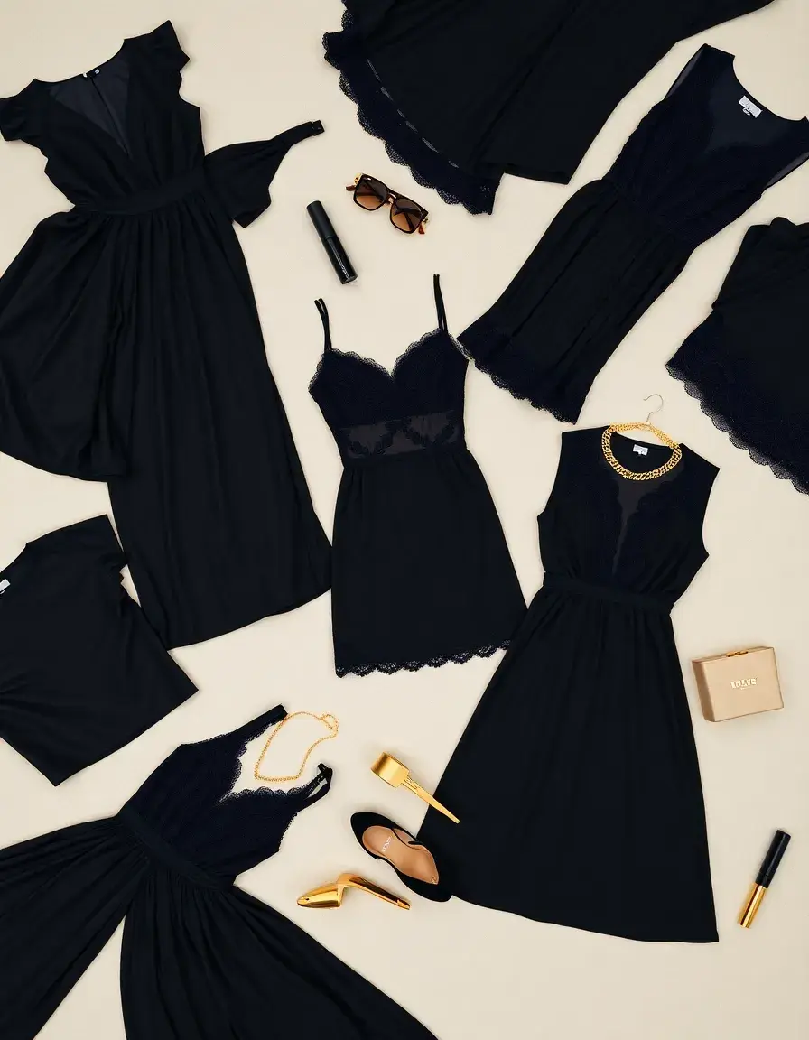 Elegante schwarze Kleider aus Satin, Spitze und Samt auf neutralem Hintergrund mit goldenen Accessoires.