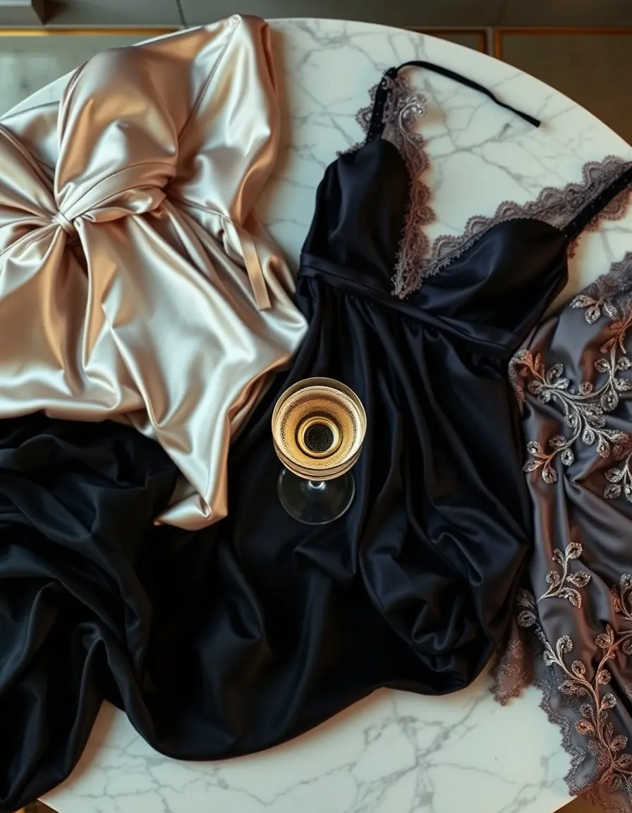 Elegante Abendkleider aus Seide und Samt flach liegend auf Marmor
