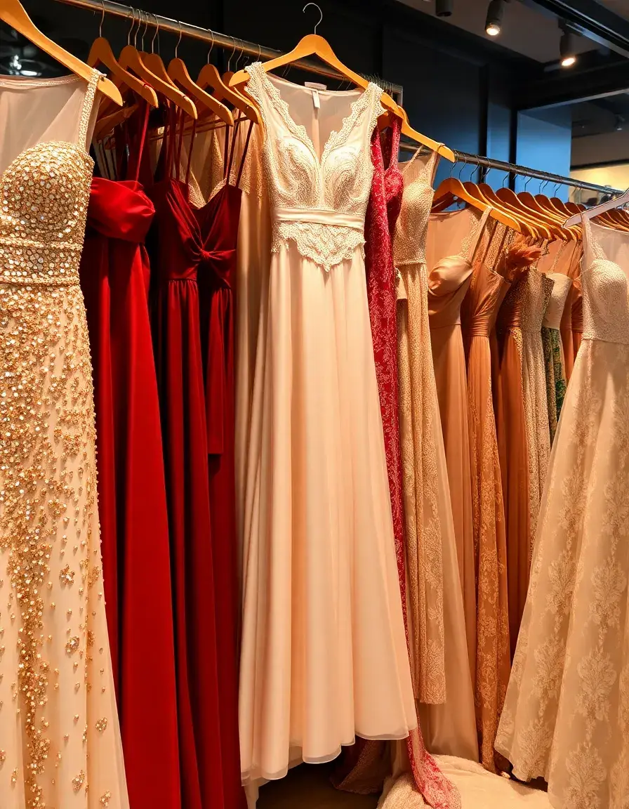 Eine Kollektion eleganter festlicher Kleider in einer stilvollen Boutique-Umgebung