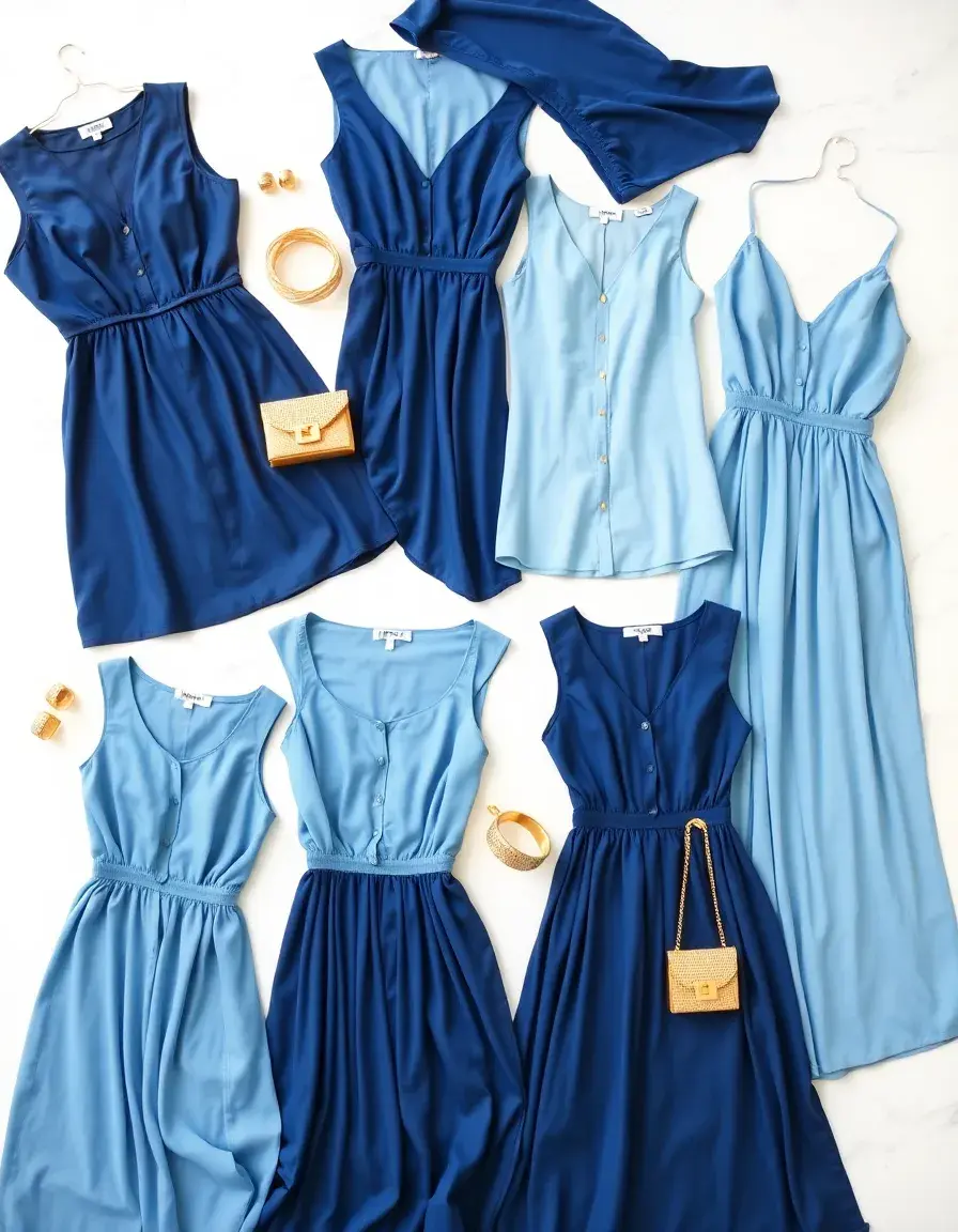 Verschiedene blaue Kleider elegant arrangiert mit goldenen Accessoires auf Marmor