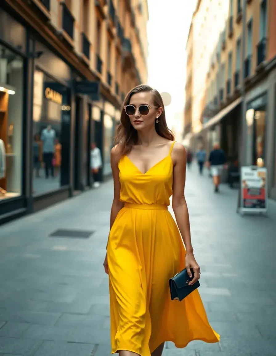 Frau in einem leuchtend gelben Kleid in einer sonnigen Stadtstraße