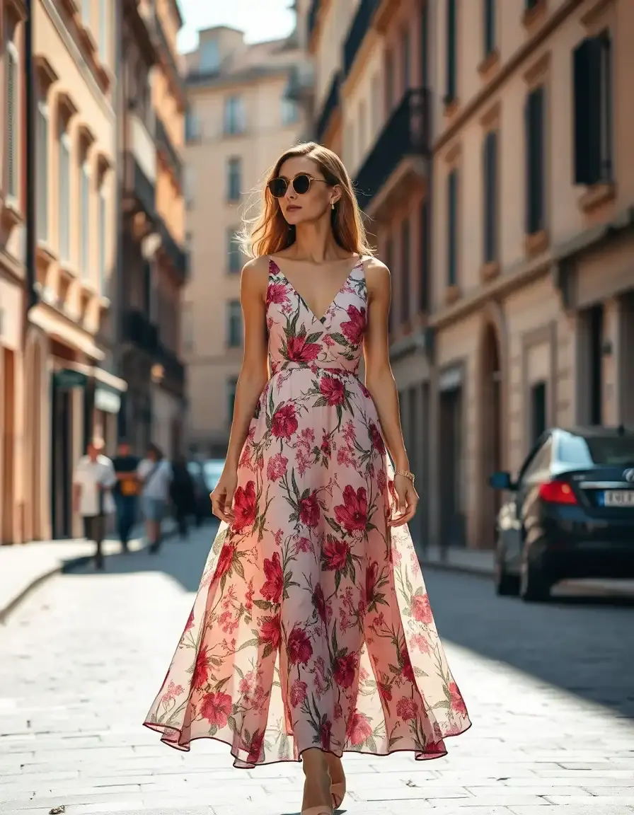 Frau in einem eleganten floralen A-Linie Kleid in einer sonnigen Stadtstraße.