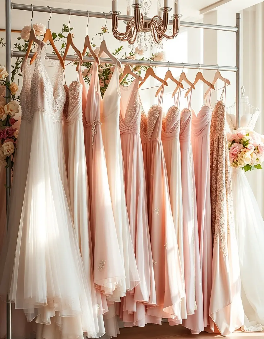 Elegante Kleider für Hochzeitsgäste in einer hellen Boutique