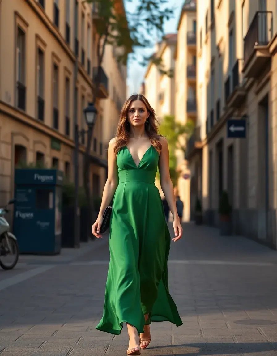 Frau in einem eleganten waldgrünen Midikleid auf einer sonnigen Straße