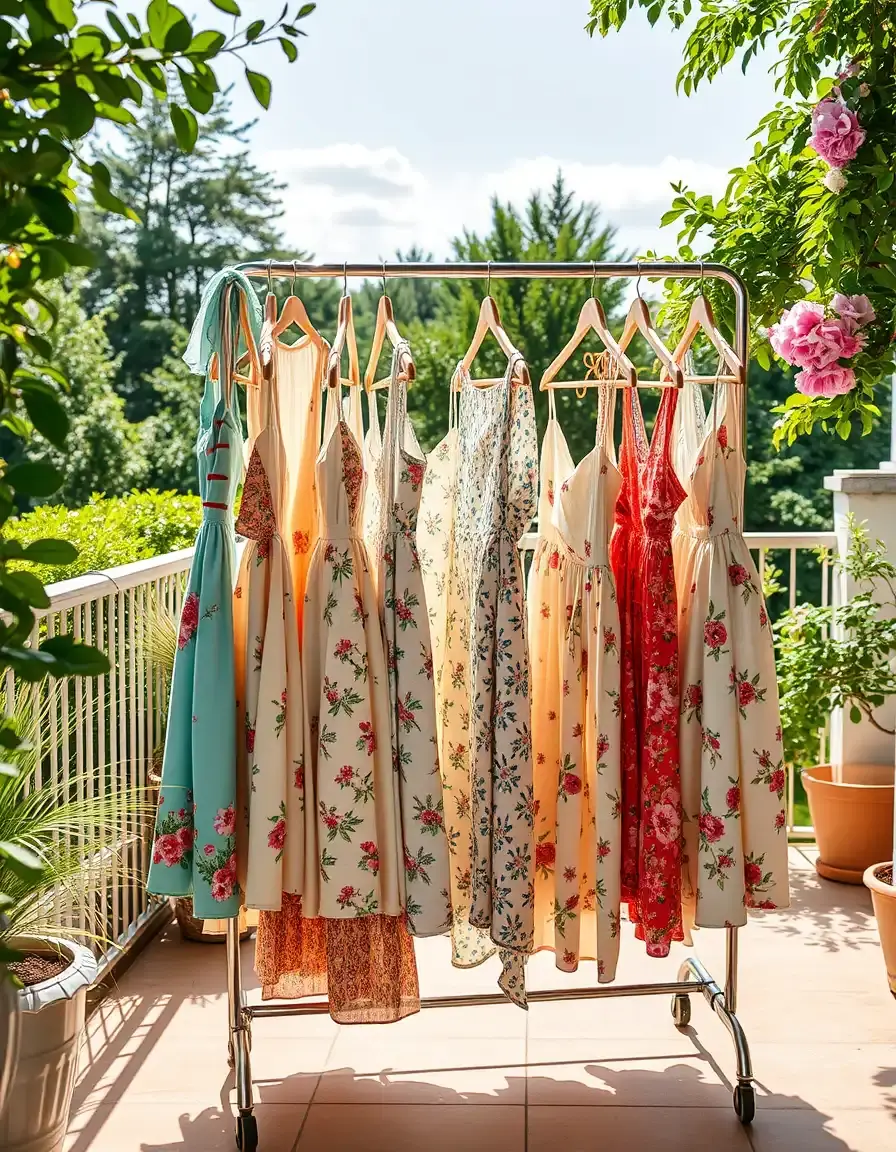 Verschiedene luftige Kleider Sommer Kollektion auf einer sonnigen Terrasse