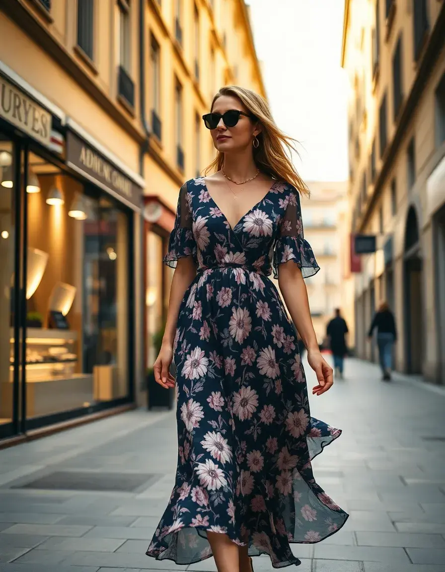 Stilvolle Frau in einem floralen Midi-Kleid auf einer sonnigen Straße