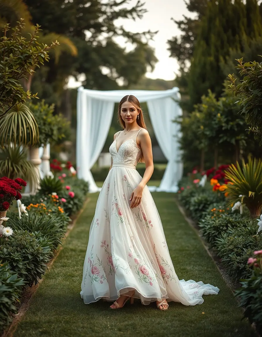 Stilvoller Gast in einem floralen Kleid bei einer Hochzeit im Freien