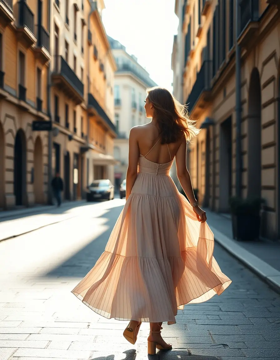 Frau in einem eleganten A-Linie Kleid in einer sonnigen Straße