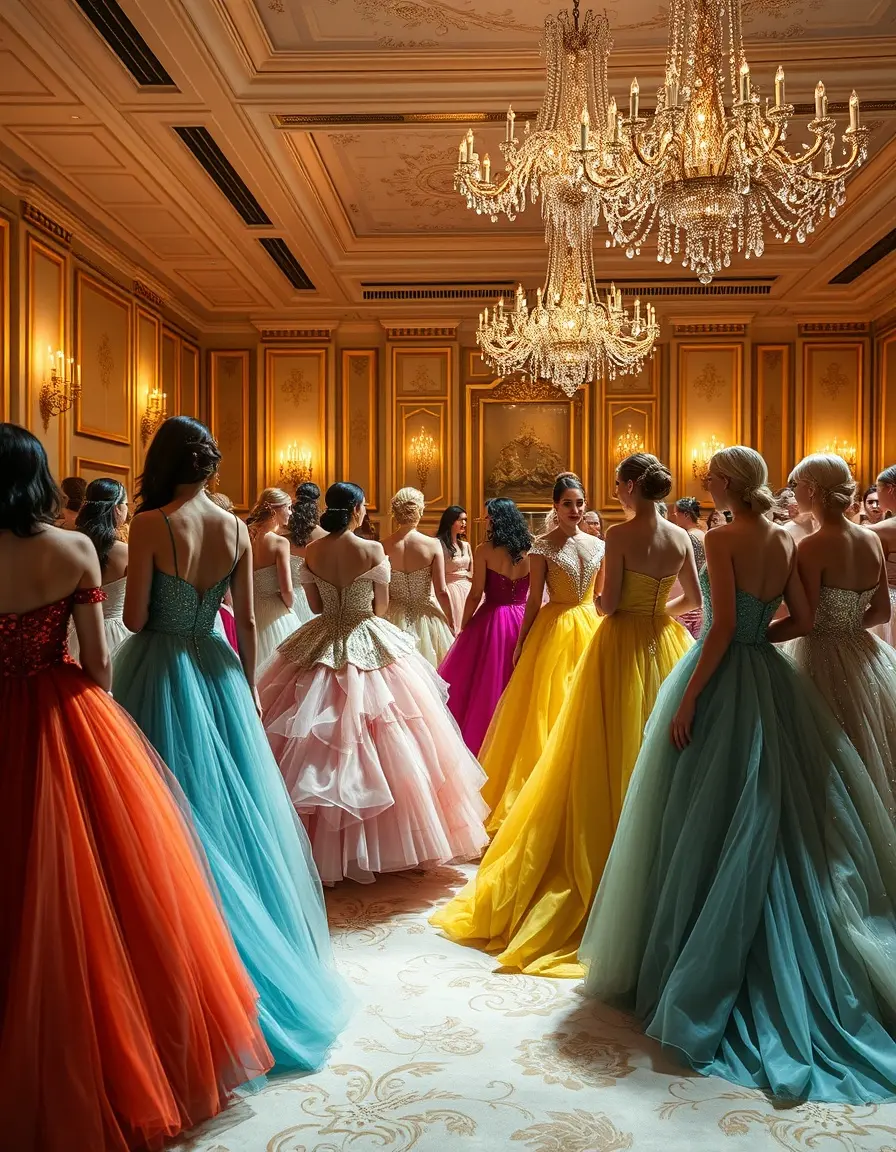 Elegante Frauen in verschiedenen Ballkleidern in einem luxuriösen Festsaal