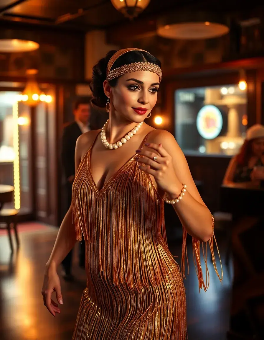 Frau in einem goldenen Charleston Kleid mit Fransen tanzt in einem 1920er Jahre Club.